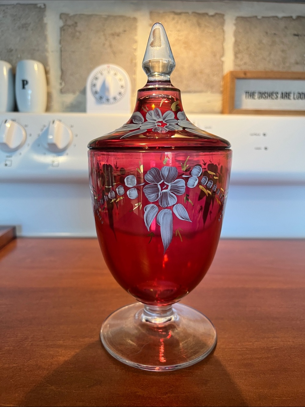 Ruby Red Glass Lidded Compote with Hand-Painted Floral Design